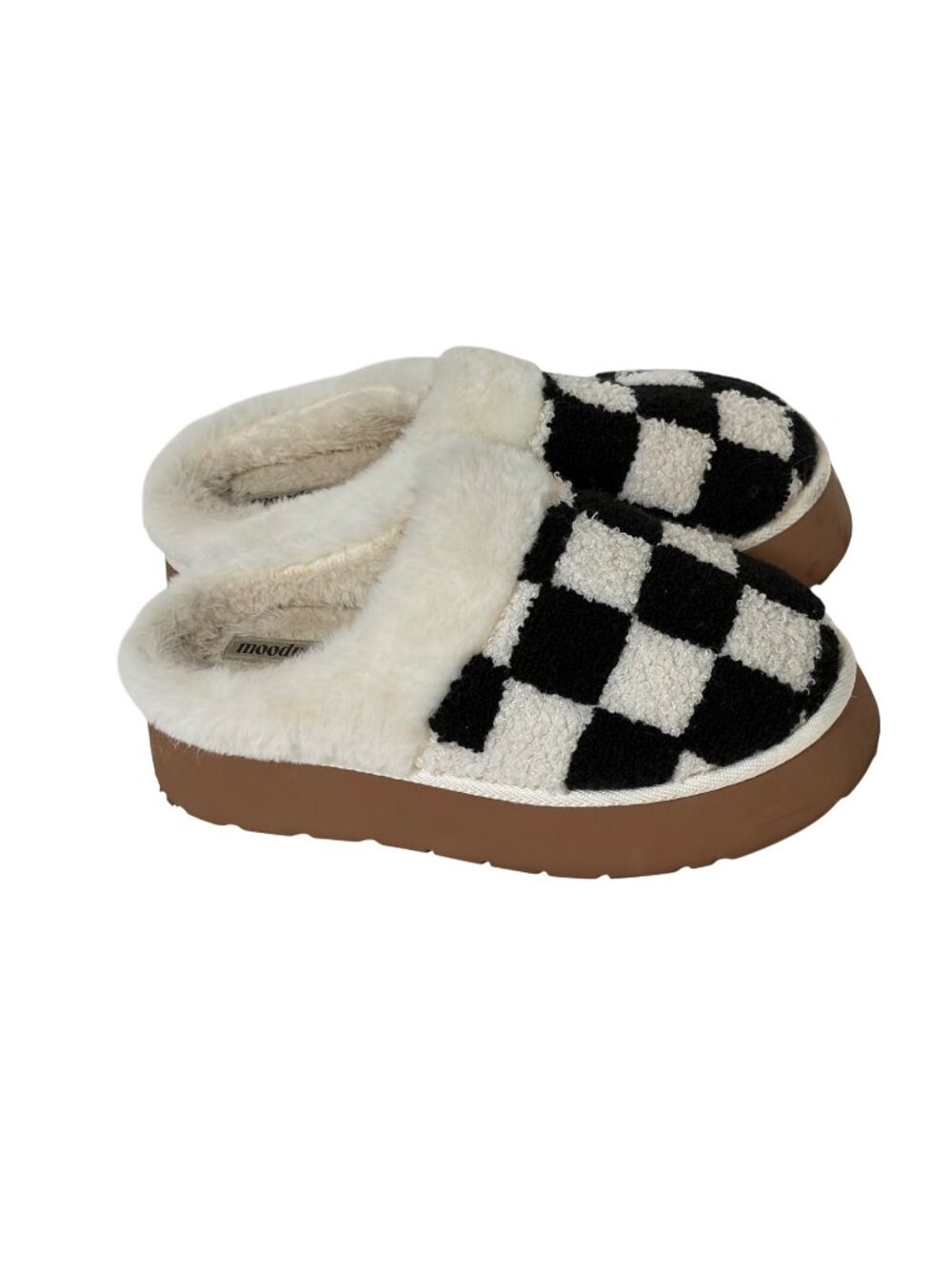 Moodpop Womens Size 7 8 Platform SLip On Clog Shoes Black White Checkered Fur Li